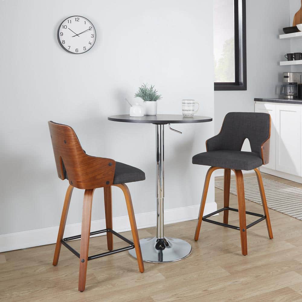 Charcoal Fabric and Walnut Wood Swivel Counter Stools, Set of 2