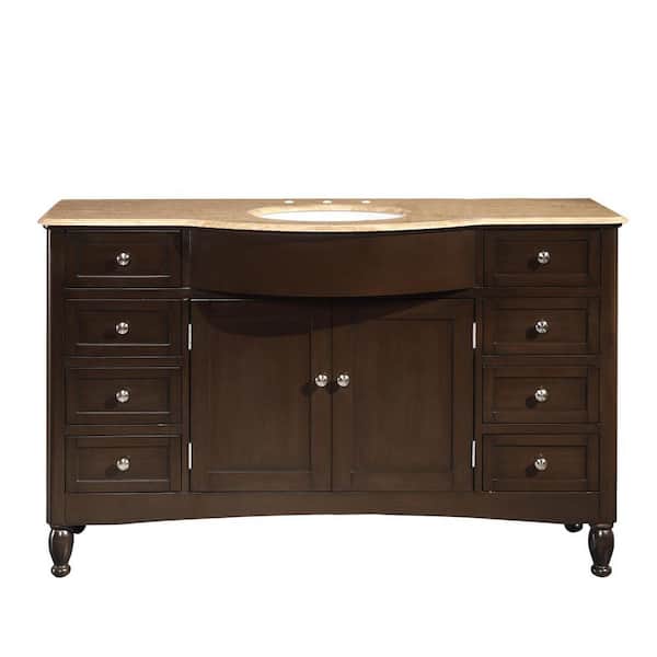Silkroad Exclusive 58 in. W x 22 in. D Vanity in Dark Walnut with Stone Vanity Top in Travertine with White Basin
