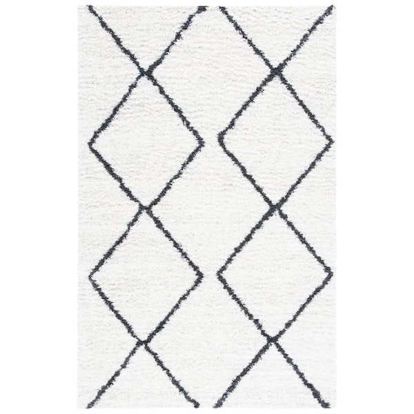 August Shag 5 ft. x 8 ft. Ivory/Black Diamond Geometric Area Rug