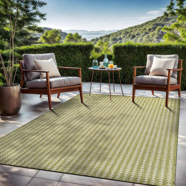 Arrow Olive 8 ft. x 10 ft. Chevron Striped Washable Indoor Outdoor Area Rug