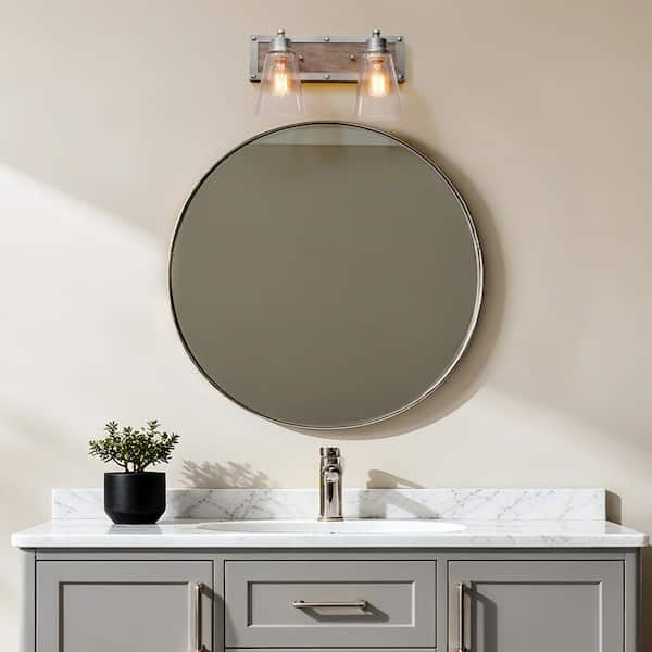 Rustic Bathroom Brown Solid Wood Vanity Light, 2-Light Modern Industrial Steel Wall Sconce with Bell Clear Glass Shades