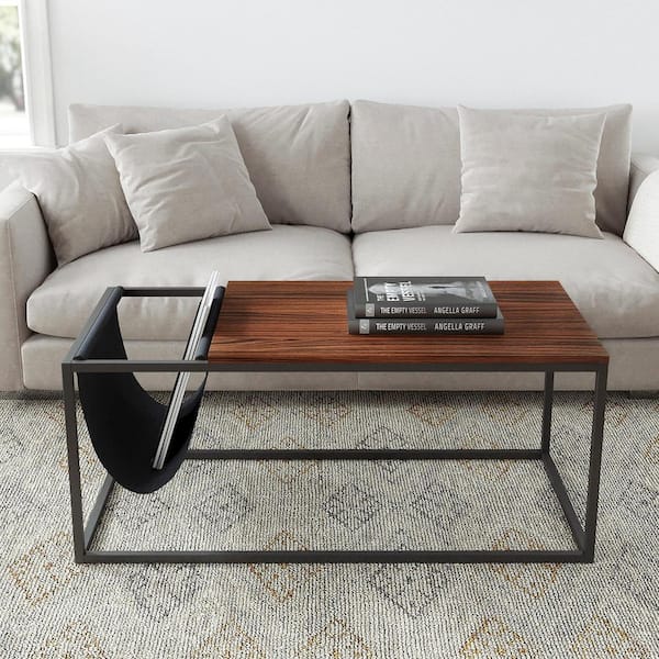 Brown Walnut Sofa Table with Metal Frame and Canvas Hanger for Indoor Living Room