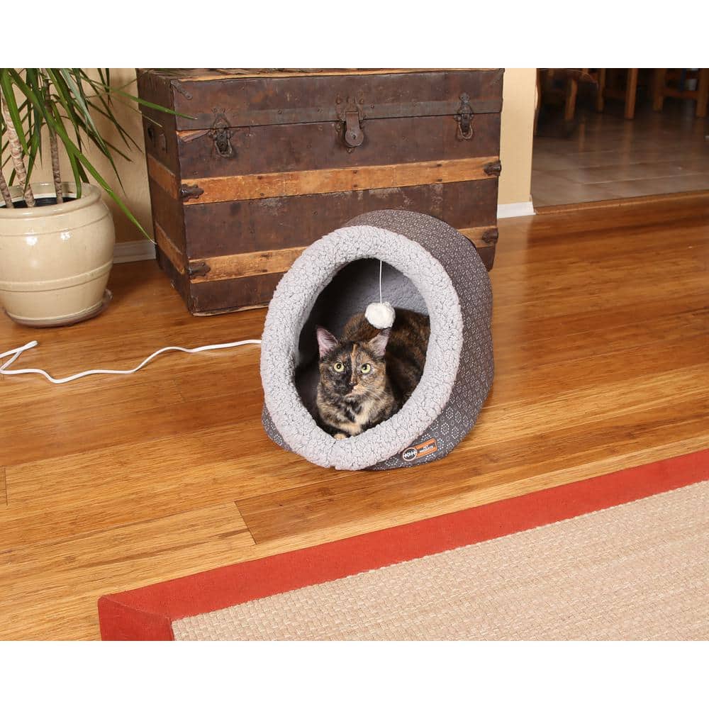 Small Gray Heated Fleece Cat Cave Bed
