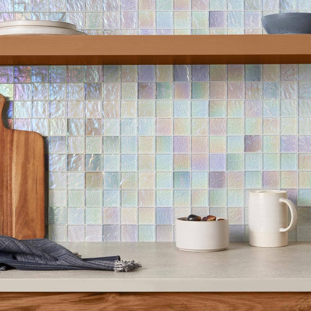 Shallows 12" White Iridescent Glass Mosaic Wall Tile