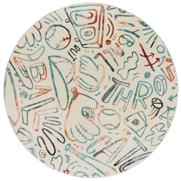 Sportsglyphs 6' Round Multi-Colored Abstract Washable Area Rug