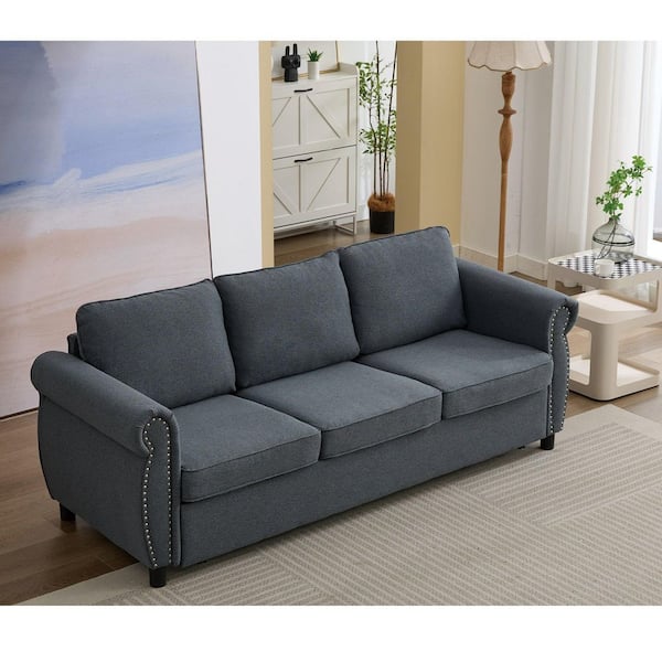 Zorvian French 81.5 in. Dark Gray Polyester Upholstered Queen Size Pull Out Sofa Bed with Rivet Trim Rolled Arms