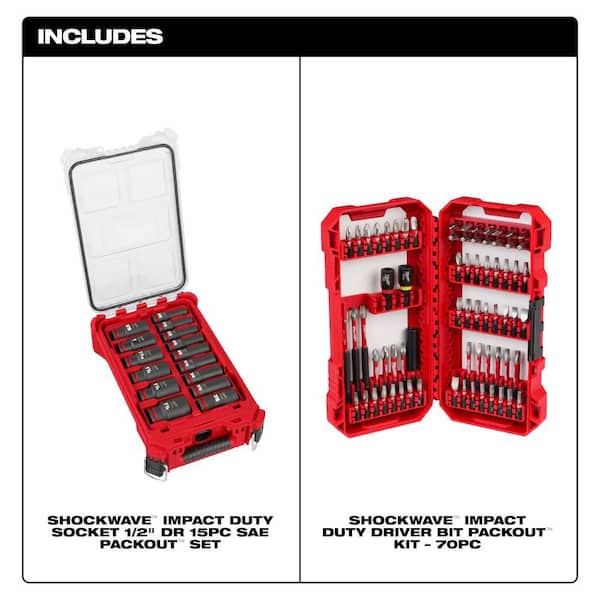 SHOCKWAVE 1/2 in. Drive SAE Deep Well PACKOUT Impact Socket Set & Screw Driver Bit Set w/PACKOUT Case (85-Piece)