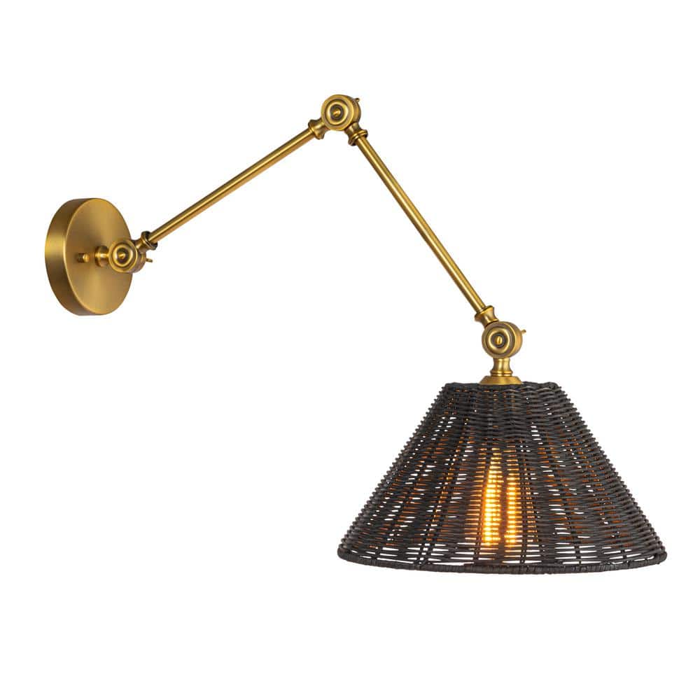 Adjustable Antique Brass Wall Sconce with Black Woven Rattan Shade