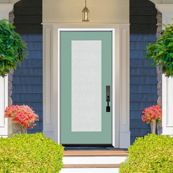 Legacy 36 in. x 80 in. Full Lite Rain Glass LHIS Primed Quarry Finish Fiberglass Prehung Front Door