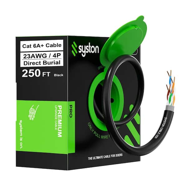 250 ft. Cat 6A+ Direct Burial Ethernet Network Cable 700 MHz Outside Plant Waterproof Dual-Layer Jacket Outdoor-Black