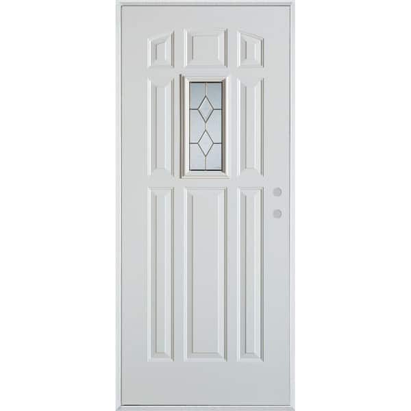 Stanley Doors 32 in. x 80 in. Geometric Brass Rectangular Lite 9-Panel Painted White Left-Hand Inswing Steel Prehung Front Door