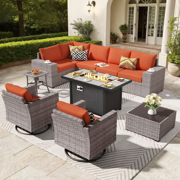XIZZI Beatrice 10-Piece Wicker Patio Rectangular Fire Pit Set with Orange Red Cushions and Swivel Rocking Chairs