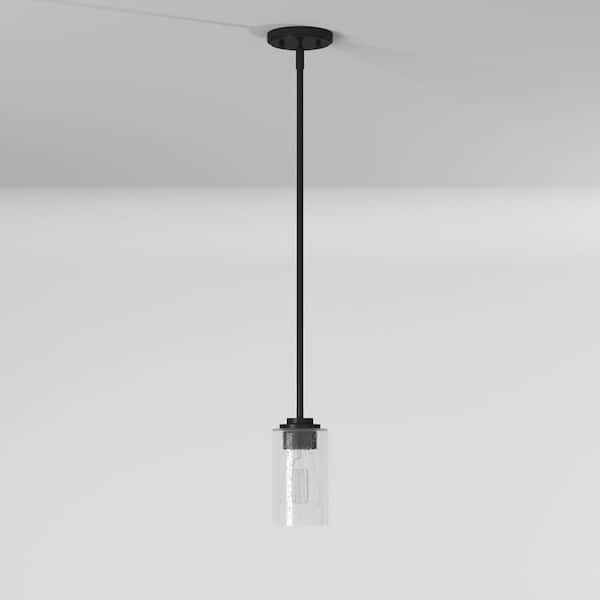 Logan 60-Watt 1-Light Matte Black Transitional Pendant Light with Clear Seedy Glass Shade and No Bulbs Included