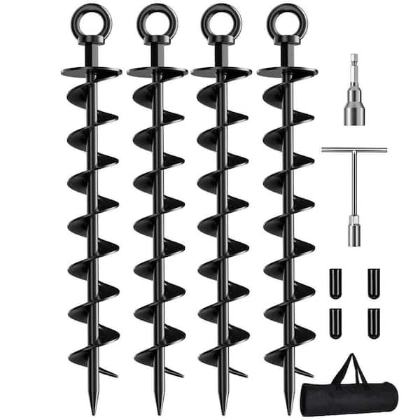4 Pack Spiral Trampoline Anchors with Nut and Tool Swing Set Anchors Tent Stakes High Wind Heavy Duty for Sheds