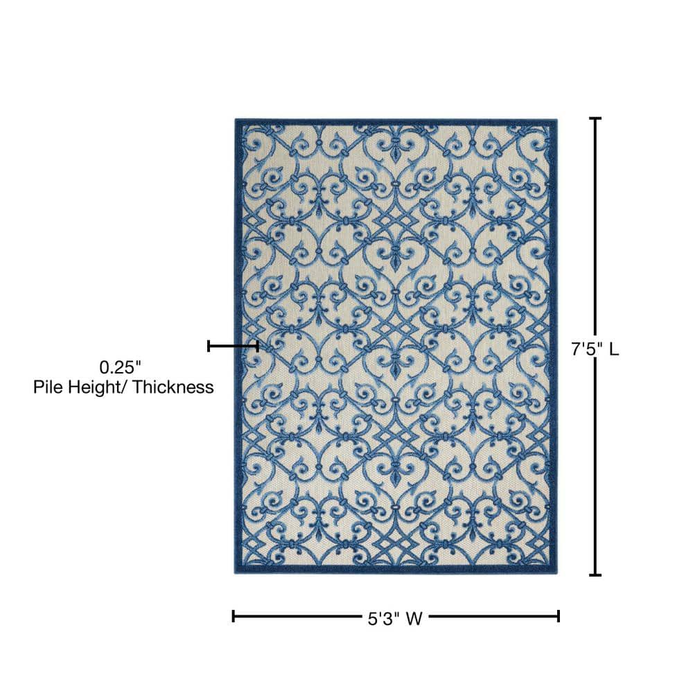 Aloha Contemporary Scroll 5'3" Round Blue/Grey Outdoor Rug