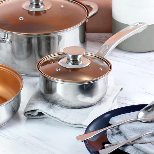 Pots and Pans Set, Tri-Ply Stainless Steel Hammered Kitchen Cookware,  Induction Compatible, Dishwasher and Oven Safe, Non-Toxic, Professional  Grade Cooking Sets, 7-Piece, Rose Gold 