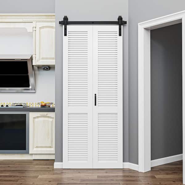 36 in. x 84 in. Solid Core White Finished MDF Louver Closet Bi-Fold Sliding Barn Door Slab with Hardware Kit