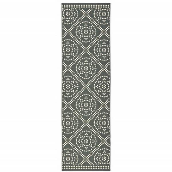 HomeRoots Gray, Ivory 2 ft. x 8 ft. Loomed Geometric Polypropylene Rectangle Indoor/Outdoor Area Rug