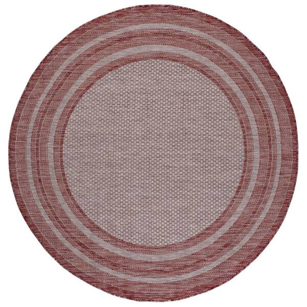 Courtyard 5 x 5 Gray/Red Border Round Rug