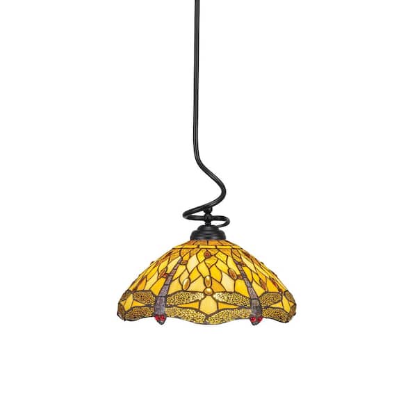 Unbranded Royale 100-Watt 1-Light Matte Black Shaded Pendant Light with 16 in. Amber Dragonfly Art Glass Shade, No Bulb Included