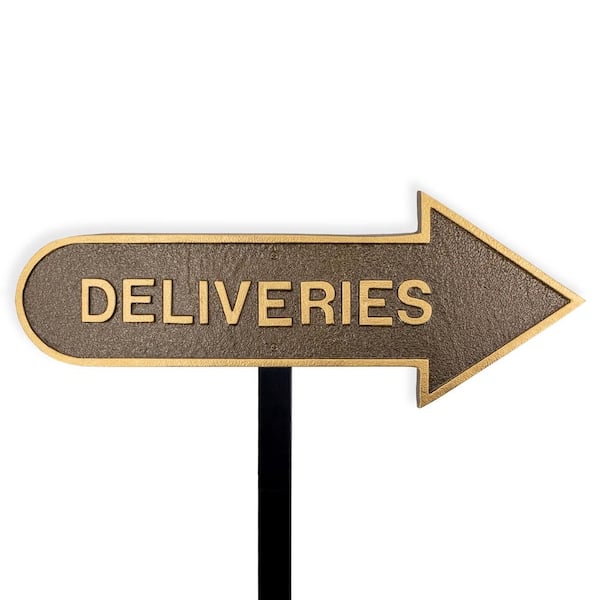 Montague Metal Products 6 in. x 15.5 in. Right Arrow Deliveries Statement Plaque Sign with Lawn Stake-Hammered Bronze