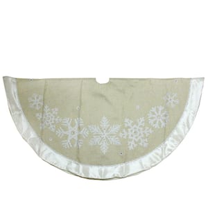 48 in. Metallic Gold and Silver Snowflake Christmas Tree Skirt with Satin Border Linen