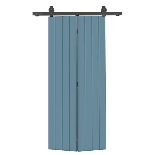 CALHOME 38 in. x 80 in. Hollow Core Dignity Blue Painted MDF Composite Bi-Fold Barn Door with Sliding Hardware Kit