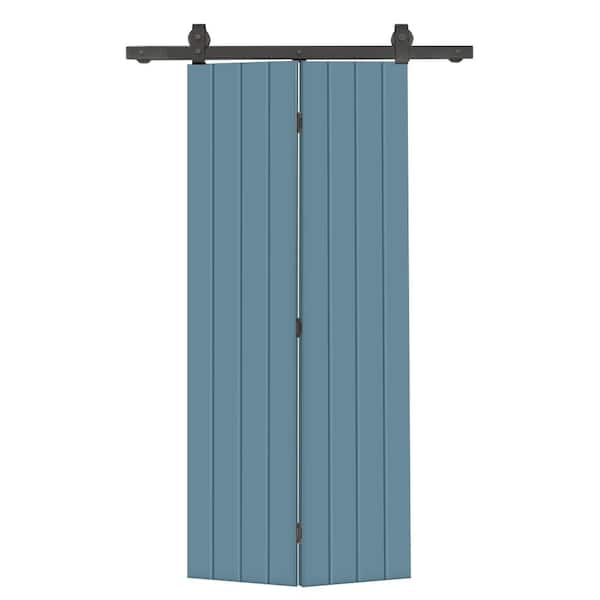 CALHOME 30 in. x 84 in. Dignity Blue Painted MDF Modern Bi-Fold Barn Door with Sliding Hardware Kit
