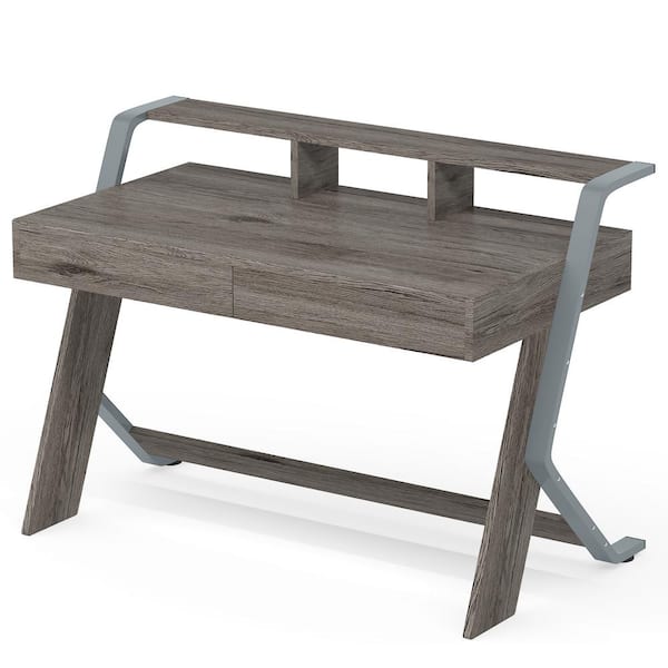 Tribesigns Cassey 47.2 in. Retangular Oak Gray Wood and Metal 2 Drawer Computer Desk with Monitor Stand Riser