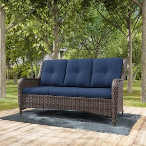 3-Seat Wicker Outdoor Patio Sofa Sectional Couch with Blue Cushions