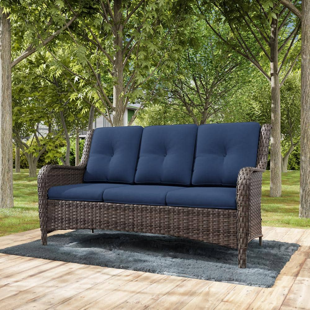 JOYSIDE 3-Seat Wicker Outdoor Patio Sofa Sectional Couch with Blue ...