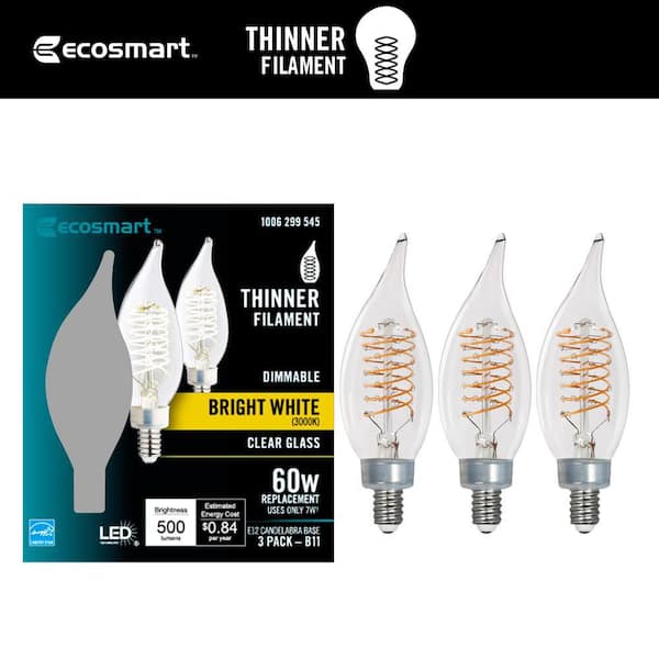 EcoSmart 60-Watt Equivalent BA11 Dimmable E12 Candelabra Fine Bendy Filament LED Vintage Edison Light Bulb Bright White (3-Pack)