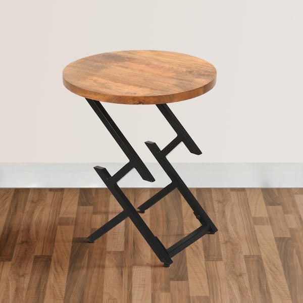 THE URBAN PORT 20 in. Brown and Black Round Wood End/Side Table with Metal Frame