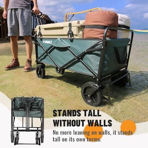 4.94 cu. ft. Outdoor Metal Foldable Dark Green Heavy-Duty Wagon Garden Cart with Non-Slip Wheels and Stand