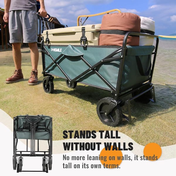 Tunearary 4.94 cu. ft. Outdoor Metal Foldable Dark Green Heavy-Duty Wagon Garden Cart with Non-Slip Wheels and Stand
