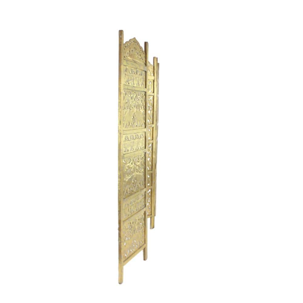 Gold Wooden Carved Elephant 4-Panel Folding Privacy Screen