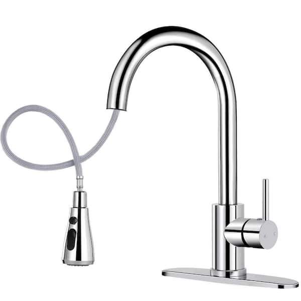 Polished Chrome 14.2 in. H Pull Out Sprayer Kitchen Faucet with 360° Spout Swivel Deckplate Included