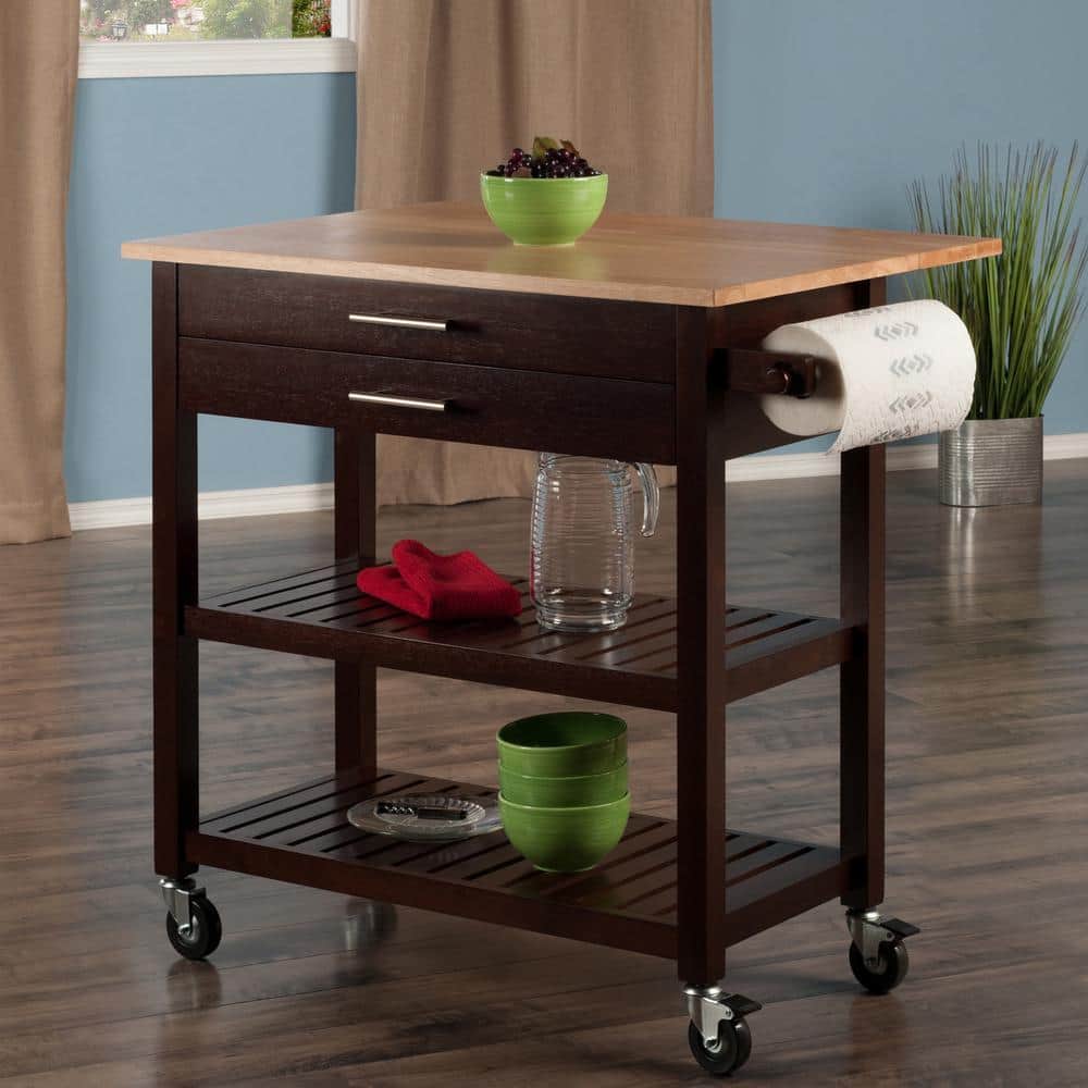 Brown Wood Drop Leaf Kitchen Cart with Storage