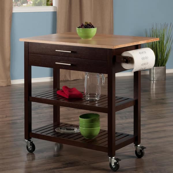 Langdon Cappuccino Kitchen Cart with Natural Wood Top