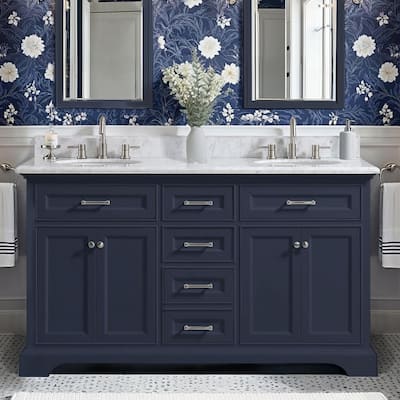 Windlowe 61 in. Double Sink Navy Blue Bath Vanity with White Carrara Marble Top (Assembled)