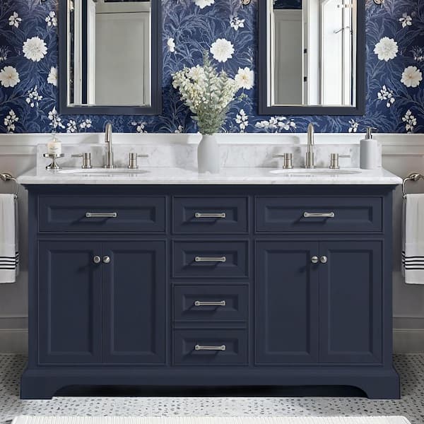 Home Decorators Collection Windlowe 61 in. Double Sink Navy Blue Bath Vanity with White Carrara Marble Top (Assembled)