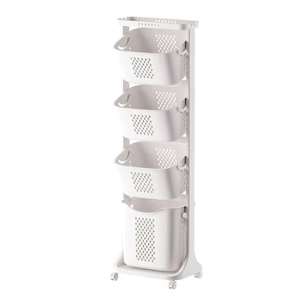 4-Tier Shower Caddy Rolling Laundry Hamper-Large Capacity Divided Clothes Organizer in White