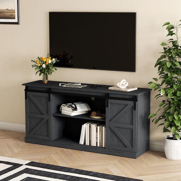 Uixe 58 in. Gray Wash Rectangular TV Stand Entertainment Center Fits TV's up to 60 in. with Sliding Barn Door