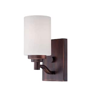 1-Light Rubbed Bronze Sconce with Etched White Glass