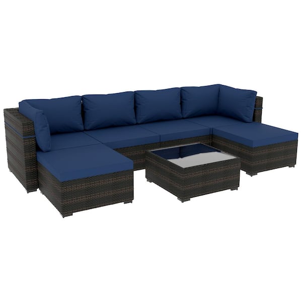 UPHA 7-Piece Wicker Patio Conversation Sectional Seating Set with Coffee Table and Ottomans, Navyblue