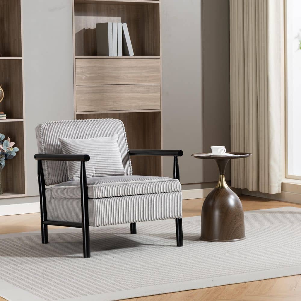 26 in. W Antique Grey Corduroy Storage Arm Chair with Wood Frame for Living Room
