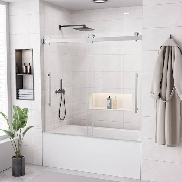 56 in.60 in. W x 58 in. H Sliding Frameless Tub Door in Brushed nickel with 4/1 in. Clear Tempered Glass