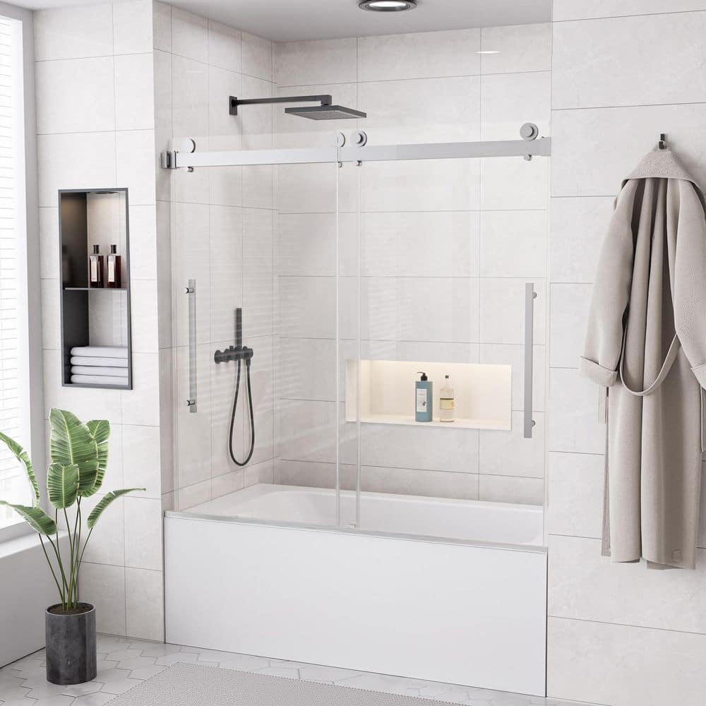 56 in. - 60 in. W x 60 in. H Single Sliding Frameless Tub Shower Door in Oil Rubbed Bronze with 8mm Gray Glass price history on PriceWatchPro