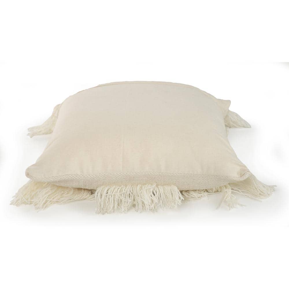 Ivory Embroidered Square Throw Pillow with Fringe