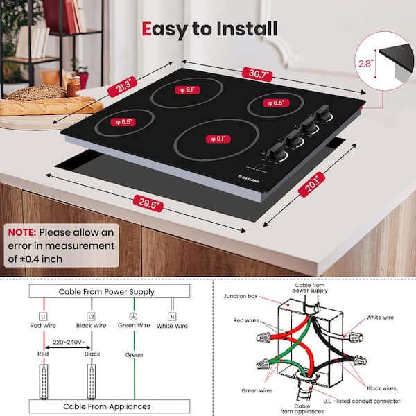 30 in. Smooth Radiant Electric Cooktop in Black with 4 Elements and Mechanical Knob, ETL Certified